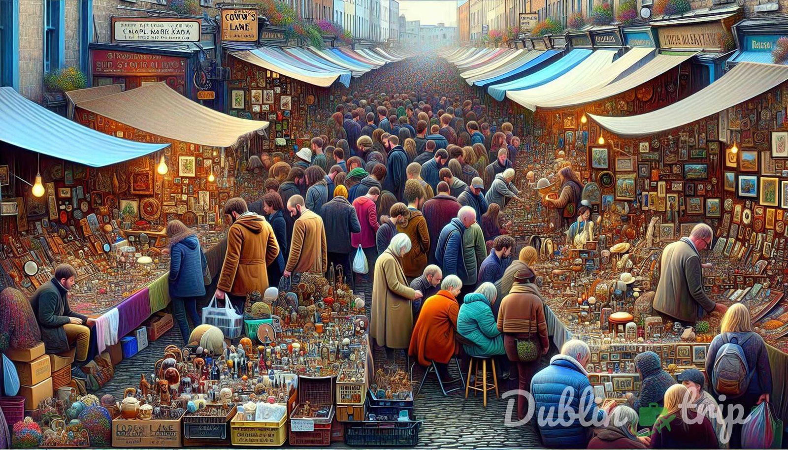 Ilustración para la sección: Otra joya escondida en la zona de Temple Bar es el mercado Cow's Lane. Este mercado, que tiene lugar e - secretos de Dublín